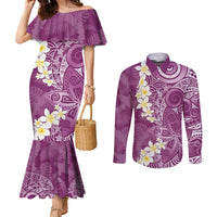Pink Polynesian Tribal Frangipani Tropical Vibe Couples Matching Mermaid Dress and Long Sleeve Button Shirt