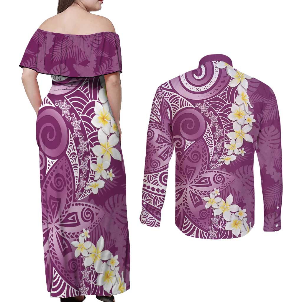 Pink Polynesian Tribal Frangipani Tropical Vibe Couples Matching Off Shoulder Maxi Dress and Long Sleeve Button Shirt