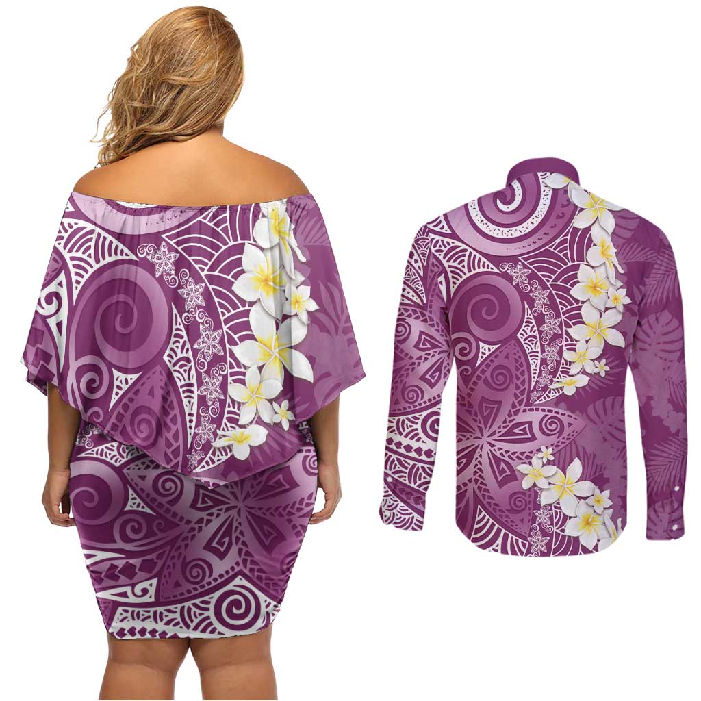Pink Polynesian Tribal Frangipani Tropical Vibe Couples Matching Off Shoulder Short Dress and Long Sleeve Button Shirt