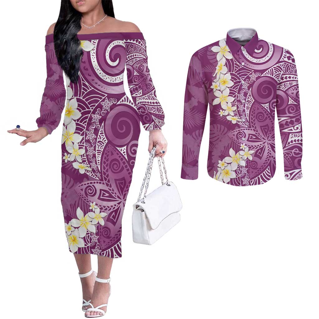 Pink Polynesian Tribal Frangipani Tropical Vibe Couples Matching Off The Shoulder Long Sleeve Dress and Long Sleeve Button Shirt