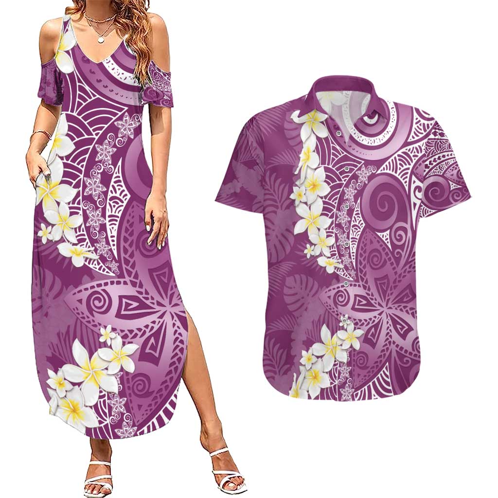 Pink Polynesian Tribal Frangipani Tropical Vibe Couples Matching Summer Maxi Dress and Hawaiian Shirt