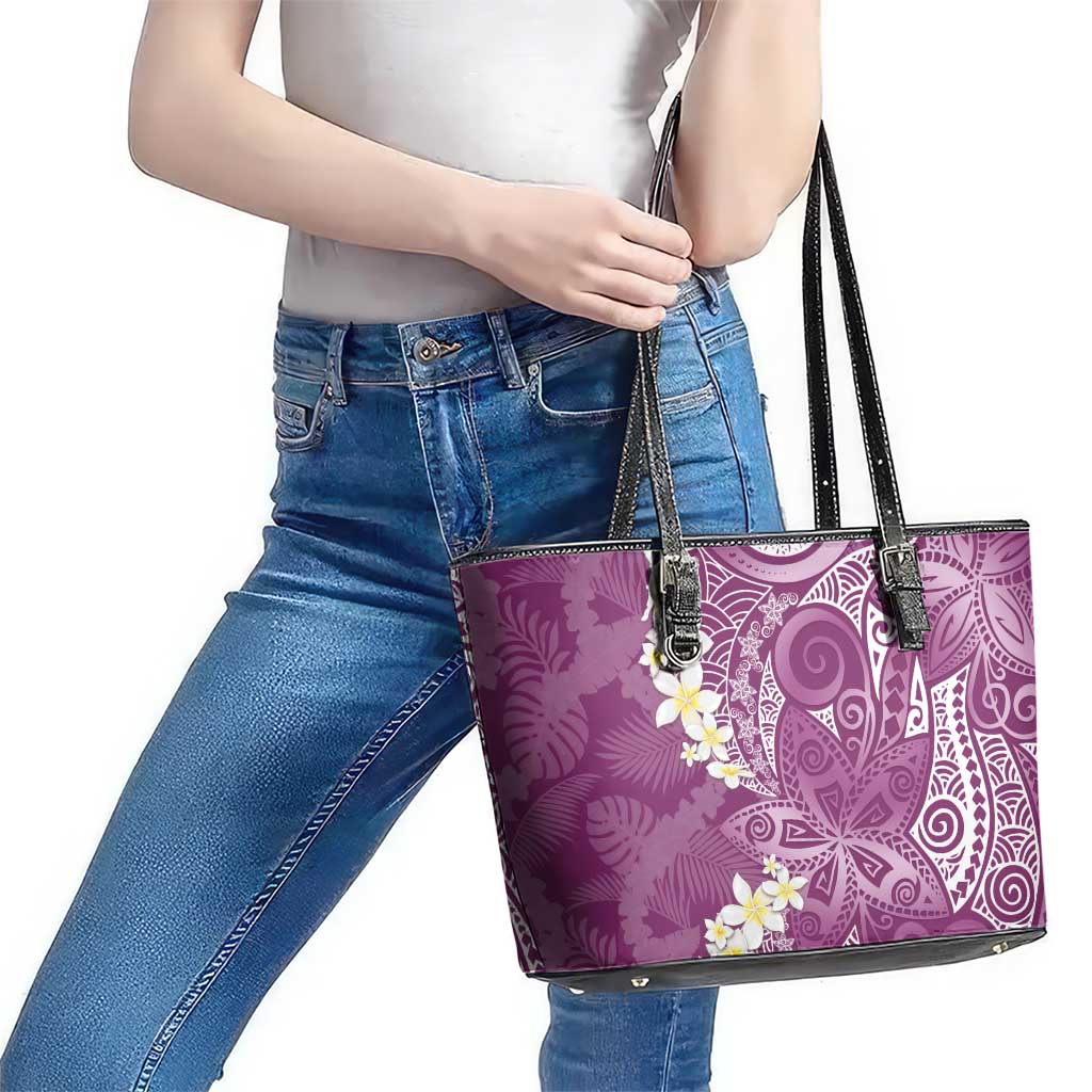 Pink Polynesian Tribal Frangipani Tropical Vibe Leather Tote Bag