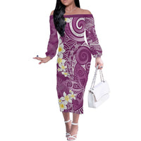 Pink Polynesian Tribal Frangipani Tropical Vibe Off The Shoulder Long Sleeve Dress