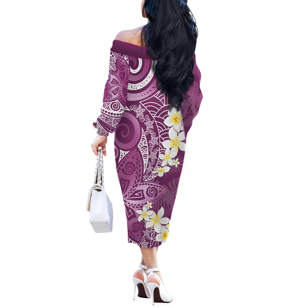Pink Polynesian Tribal Frangipani Tropical Vibe Off The Shoulder Long Sleeve Dress