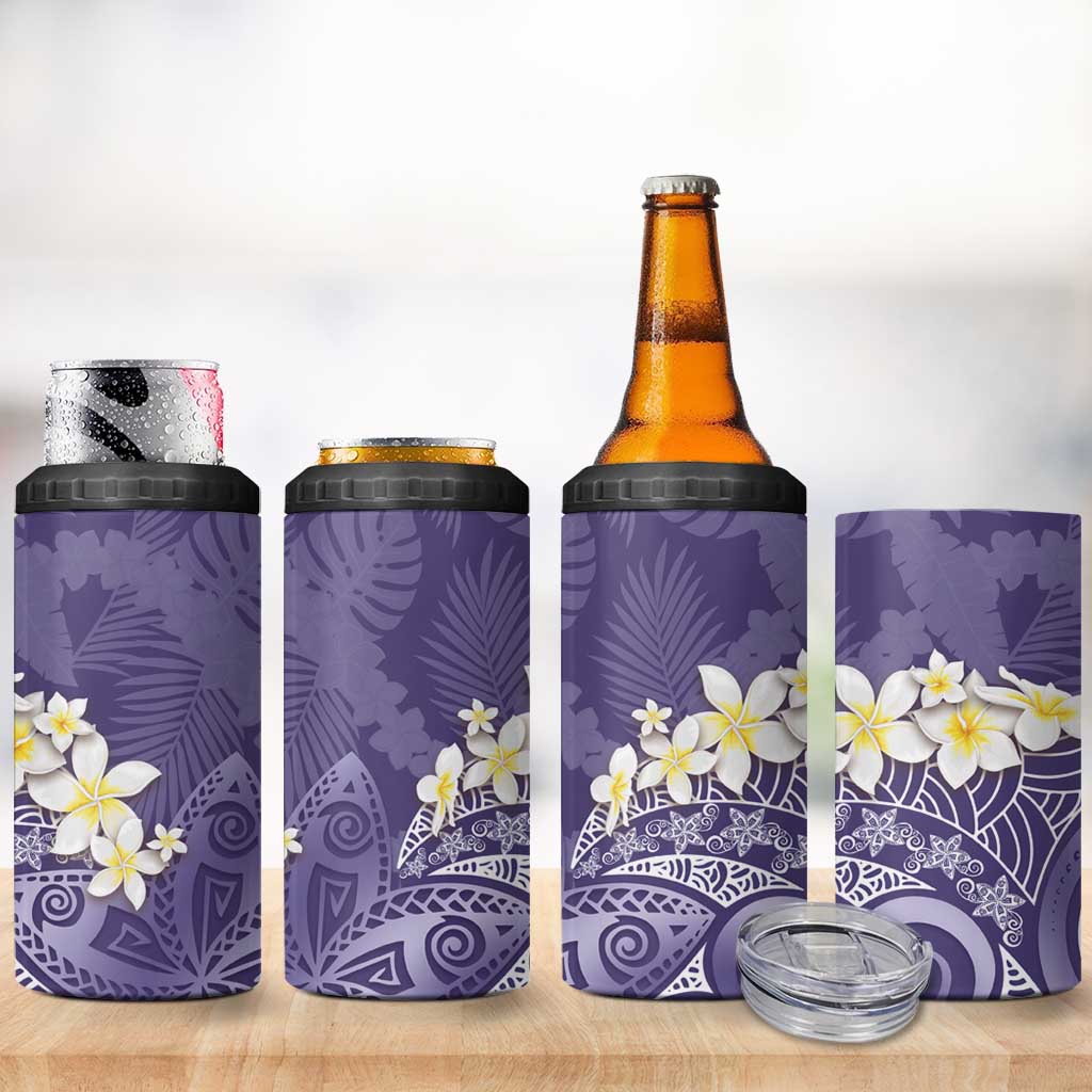 Violet Polynesian Tribal Frangipani Tropical Vibe 4 in 1 Can Cooler Tumbler