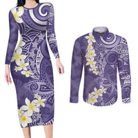 Violet Polynesian Tribal Frangipani Tropical Vibe Couples Matching Long Sleeve Bodycon Dress and Long Sleeve Button Shirt