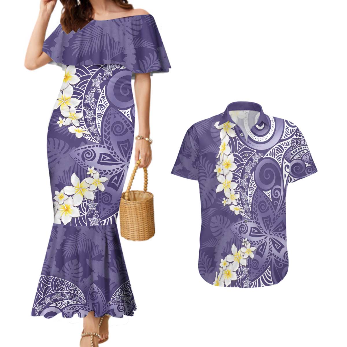 Violet Polynesian Tribal Frangipani Tropical Vibe Couples Matching Mermaid Dress and Hawaiian Shirt