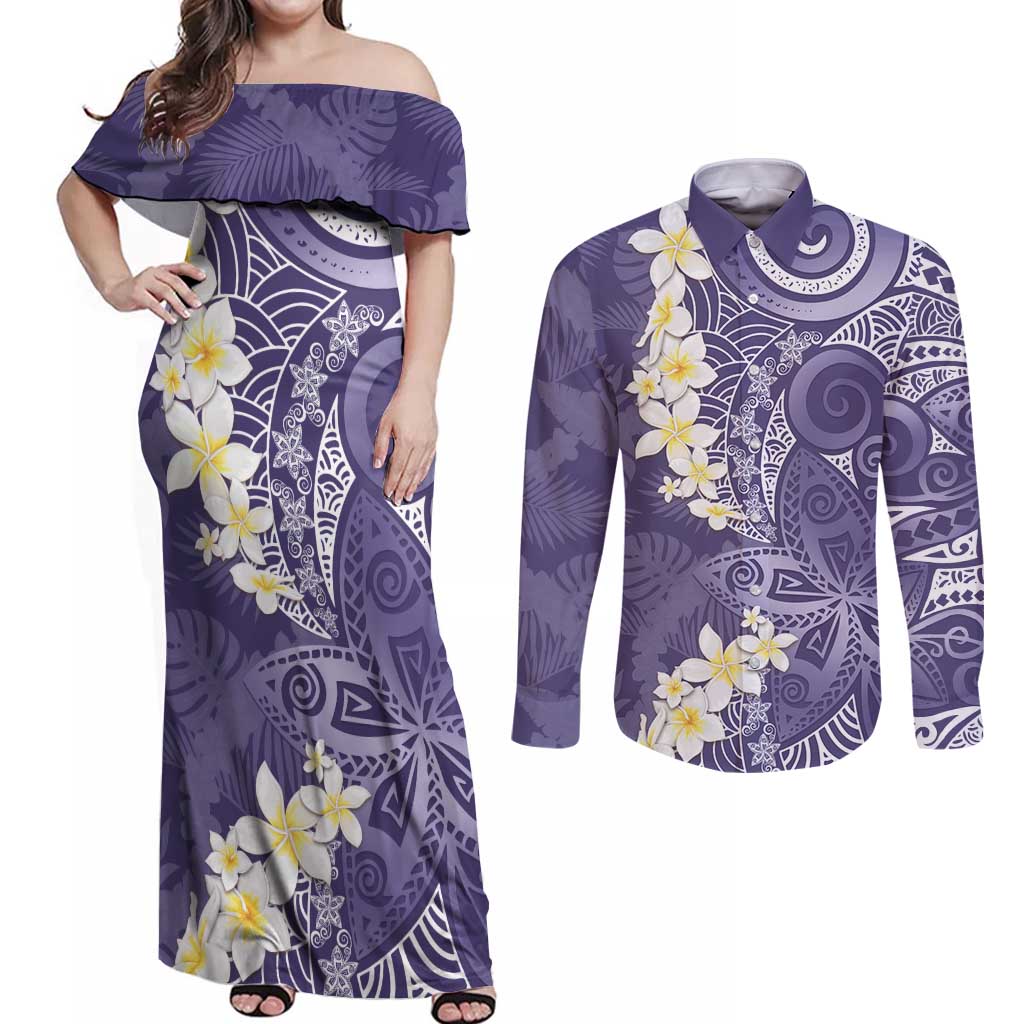 Violet Polynesian Tribal Frangipani Tropical Vibe Couples Matching Off Shoulder Maxi Dress and Long Sleeve Button Shirt LT14 Violet - Polynesian Pride