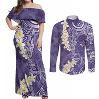 Violet Polynesian Tribal Frangipani Tropical Vibe Couples Matching Off Shoulder Maxi Dress and Long Sleeve Button Shirt LT14 Violet - Polynesian Pride