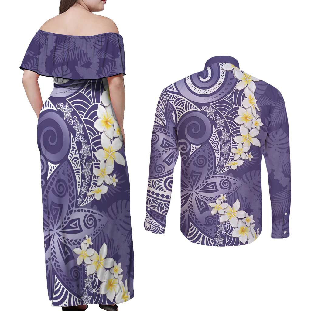 Violet Polynesian Tribal Frangipani Tropical Vibe Couples Matching Off Shoulder Maxi Dress and Long Sleeve Button Shirt LT14 - Polynesian Pride
