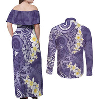 Violet Polynesian Tribal Frangipani Tropical Vibe Couples Matching Off Shoulder Maxi Dress and Long Sleeve Button Shirt LT14 - Polynesian Pride