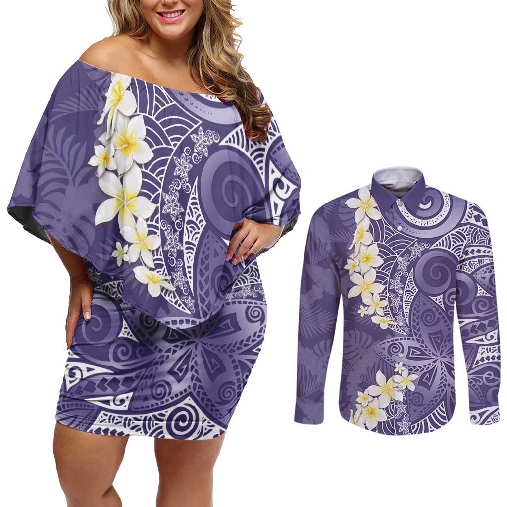 Violet Polynesian Tribal Frangipani Tropical Vibe Couples Matching Off Shoulder Short Dress and Long Sleeve Button Shirt LT14 Violet - Polynesian Pride