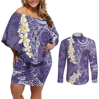 Violet Polynesian Tribal Frangipani Tropical Vibe Couples Matching Off Shoulder Short Dress and Long Sleeve Button Shirt LT14 Violet - Polynesian Pride