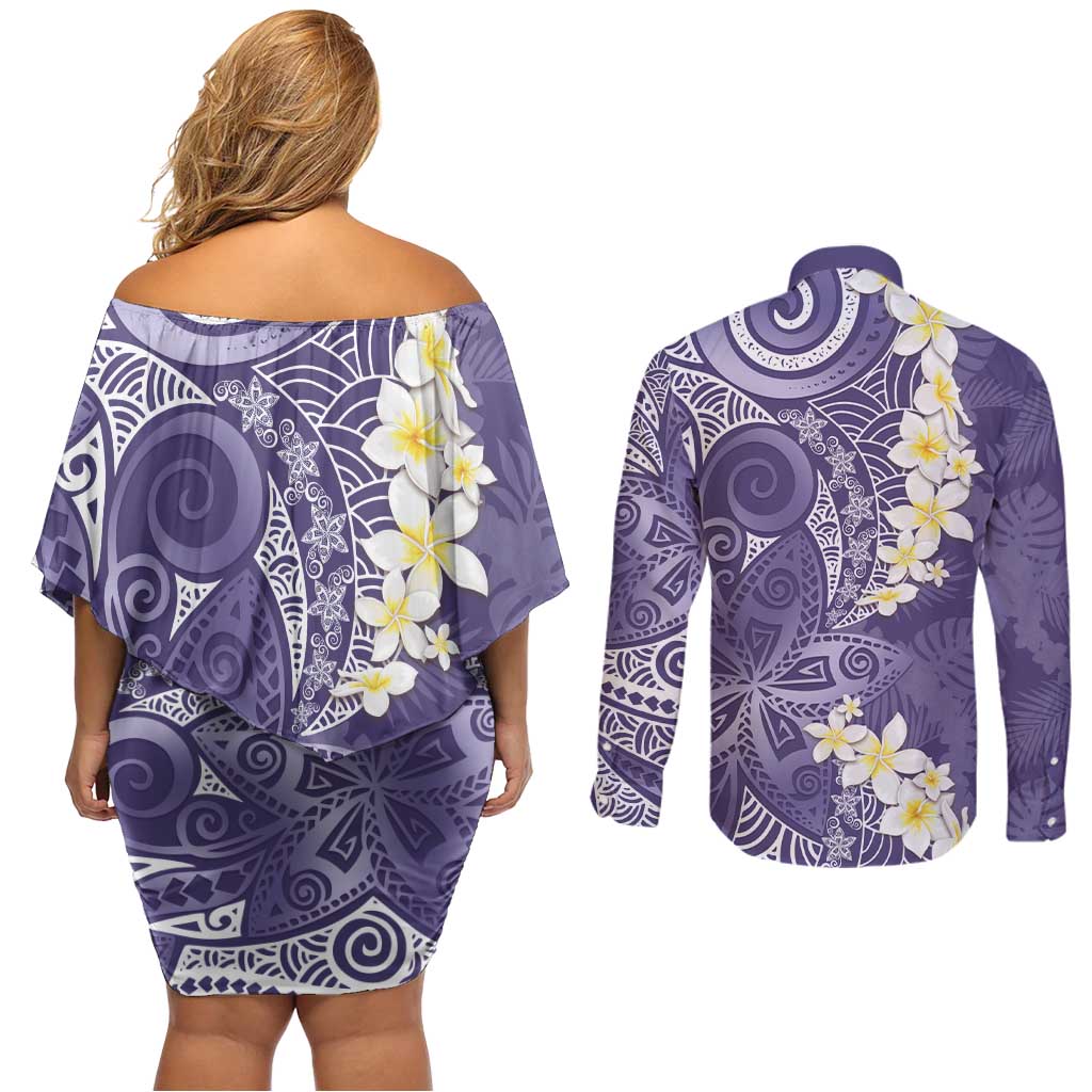 Violet Polynesian Tribal Frangipani Tropical Vibe Couples Matching Off Shoulder Short Dress and Long Sleeve Button Shirt LT14 - Polynesian Pride