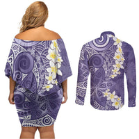 Violet Polynesian Tribal Frangipani Tropical Vibe Couples Matching Off Shoulder Short Dress and Long Sleeve Button Shirt LT14 - Polynesian Pride