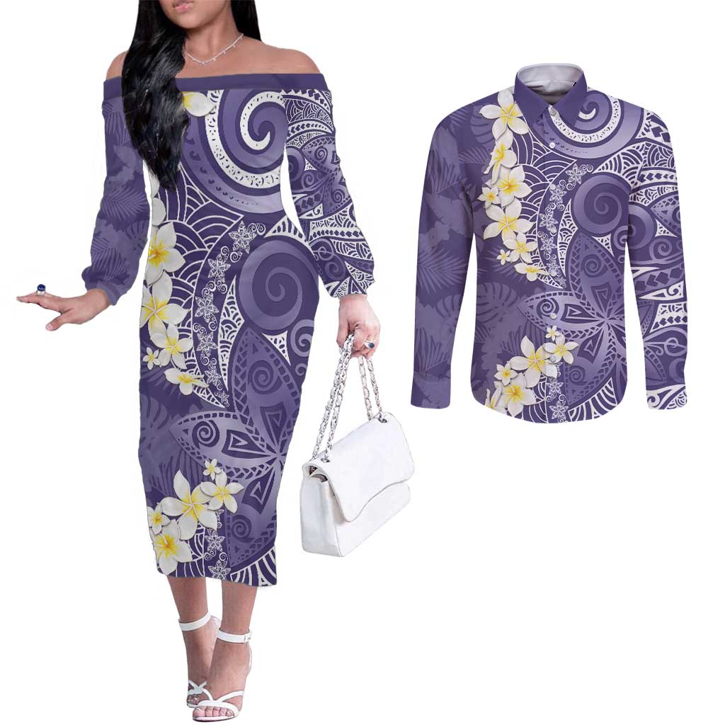 Violet Polynesian Tribal Frangipani Tropical Vibe Couples Matching Off The Shoulder Long Sleeve Dress and Long Sleeve Button Shirt