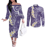 Violet Polynesian Tribal Frangipani Tropical Vibe Couples Matching Off The Shoulder Long Sleeve Dress and Long Sleeve Button Shirt