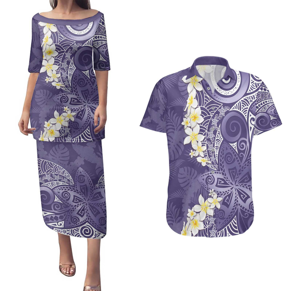 Violet Polynesian Tribal Frangipani Tropical Vibe Couples Matching Puletasi and Hawaiian Shirt