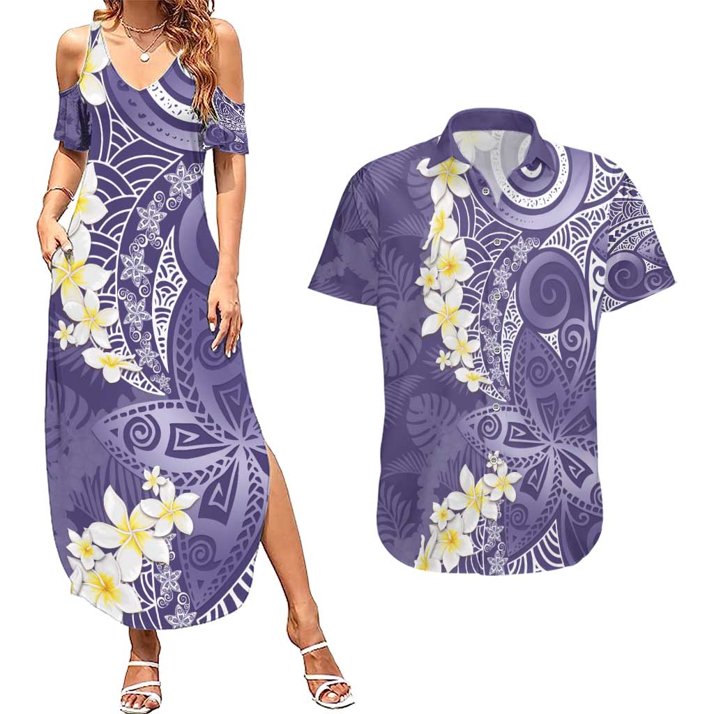 Violet Polynesian Tribal Frangipani Tropical Vibe Couples Matching Summer Maxi Dress and Hawaiian Shirt
