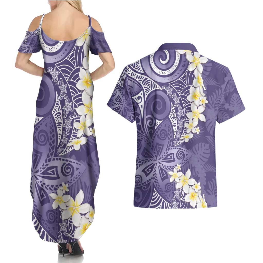 Violet Polynesian Tribal Frangipani Tropical Vibe Couples Matching Summer Maxi Dress and Hawaiian Shirt