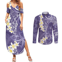 Violet Polynesian Tribal Frangipani Tropical Vibe Couples Matching Summer Maxi Dress and Long Sleeve Button Shirt LT14 Violet - Polynesian Pride