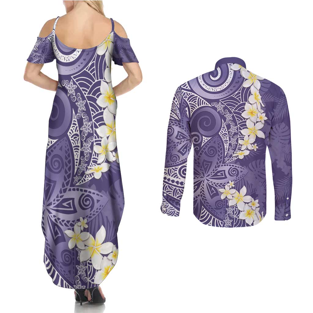Violet Polynesian Tribal Frangipani Tropical Vibe Couples Matching Summer Maxi Dress and Long Sleeve Button Shirt LT14 - Polynesian Pride