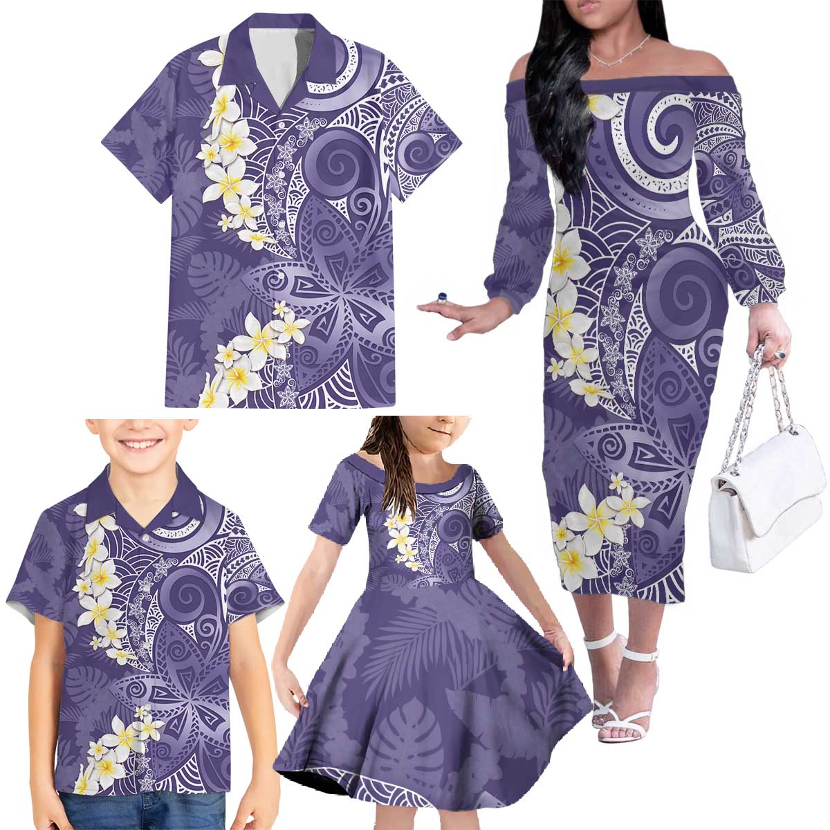 Violet Polynesian Tribal Frangipani Tropical Vibe Family Matching Off The Shoulder Long Sleeve Dress and Hawaiian Shirt