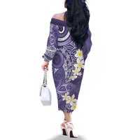 Violet Polynesian Tribal Frangipani Tropical Vibe Family Matching Off The Shoulder Long Sleeve Dress and Hawaiian Shirt