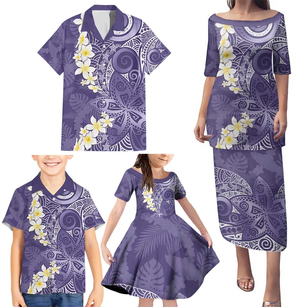 Violet Polynesian Tribal Frangipani Tropical Vibe Family Matching Puletasi and Hawaiian Shirt