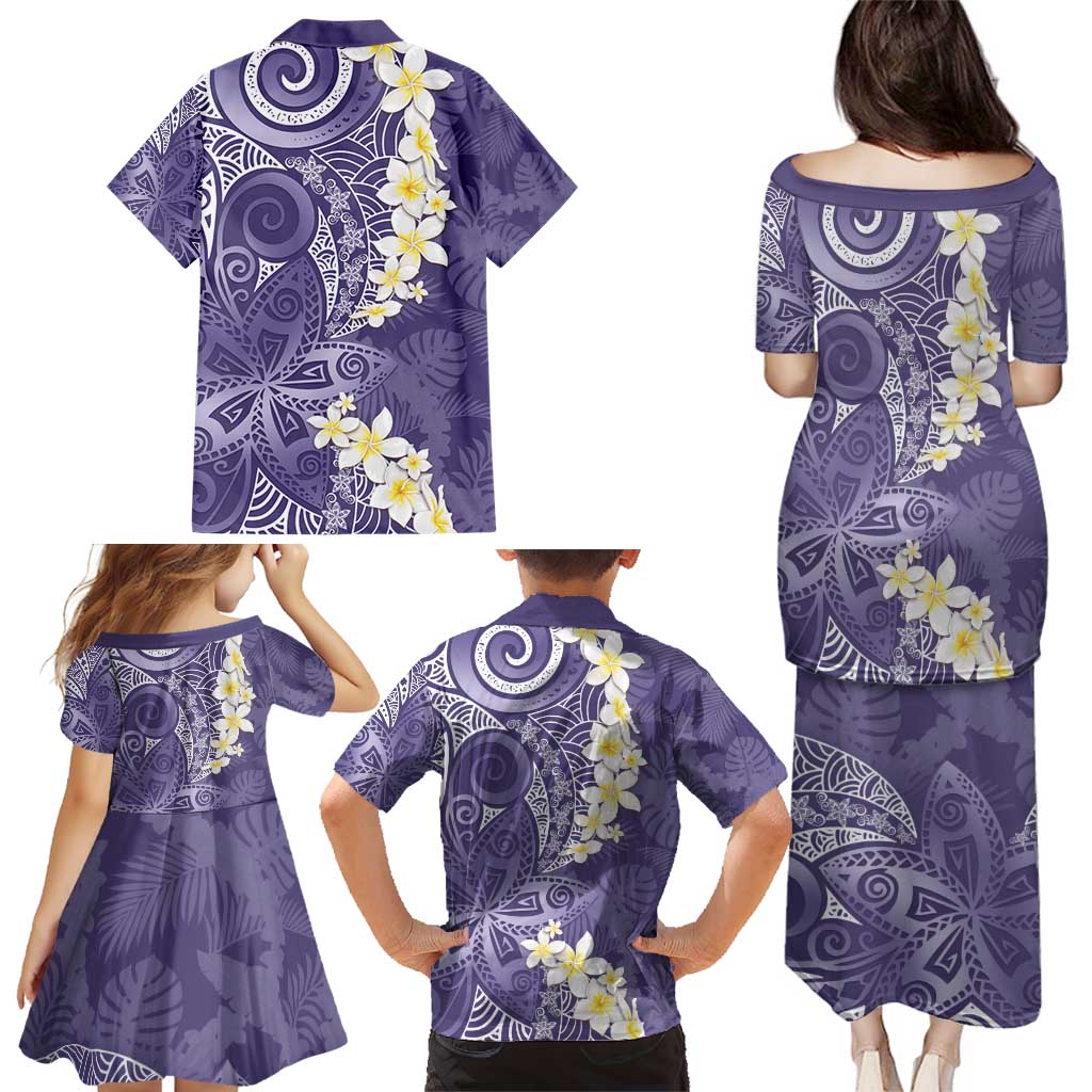 Violet Polynesian Tribal Frangipani Tropical Vibe Family Matching Puletasi and Hawaiian Shirt