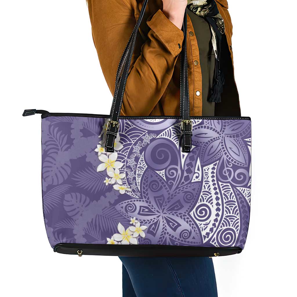 Violet Polynesian Tribal Frangipani Tropical Vibe Leather Tote Bag
