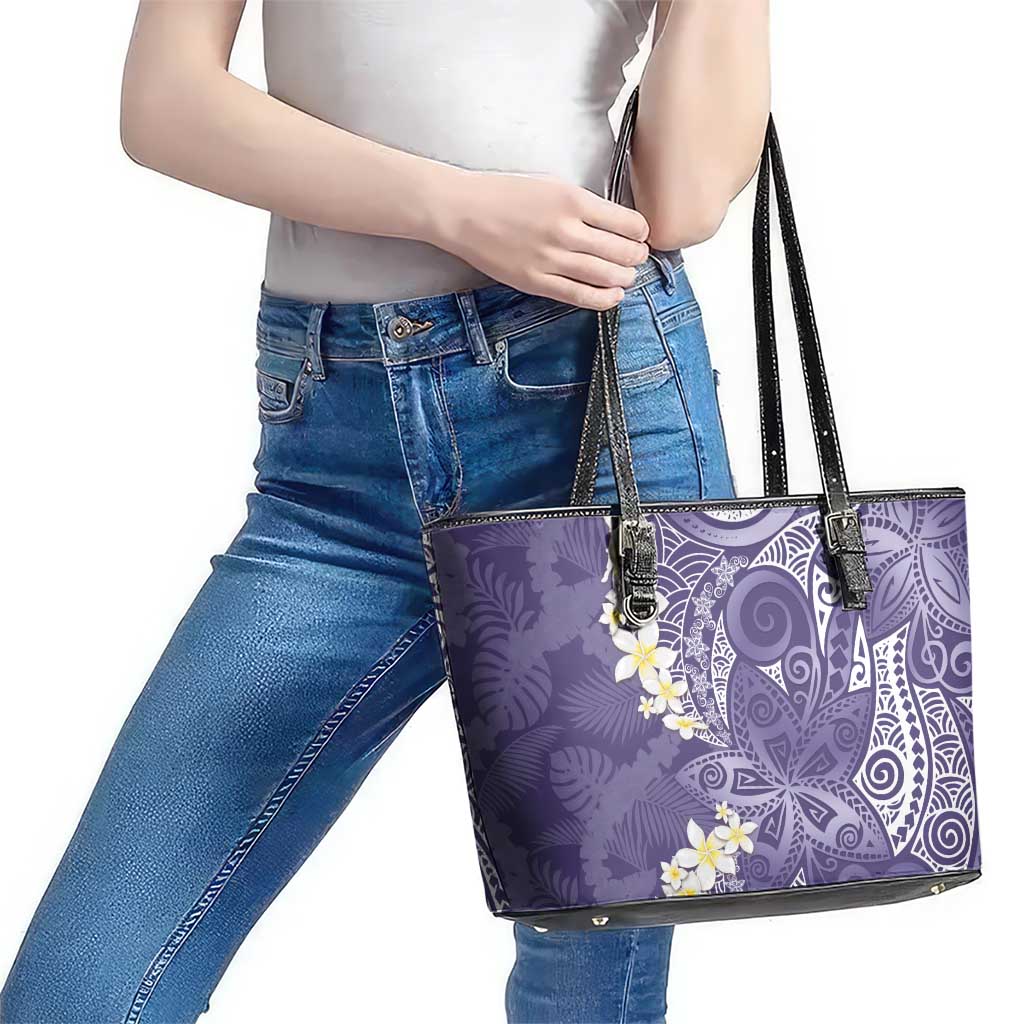 Violet Polynesian Tribal Frangipani Tropical Vibe Leather Tote Bag