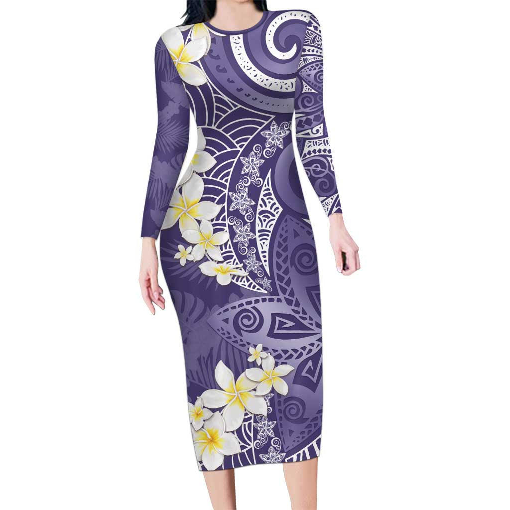 Violet Polynesian Tribal Frangipani Tropical Vibe Long Sleeve Bodycon Dress