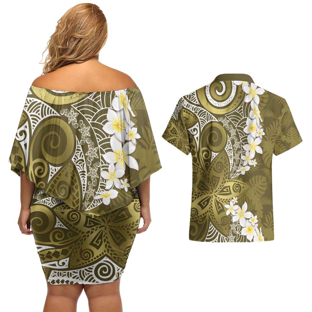Gold Polynesian Tribal Frangipani Tropical Vibe Couples Matching Off Shoulder Short Dress and Hawaiian Shirt