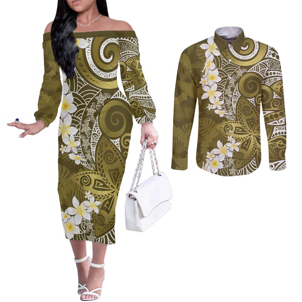 Gold Polynesian Tribal Frangipani Tropical Vibe Couples Matching Off The Shoulder Long Sleeve Dress and Long Sleeve Button Shirt