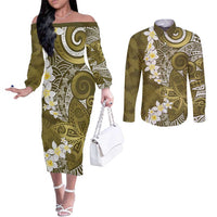 Gold Polynesian Tribal Frangipani Tropical Vibe Couples Matching Off The Shoulder Long Sleeve Dress and Long Sleeve Button Shirt