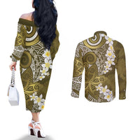 Gold Polynesian Tribal Frangipani Tropical Vibe Couples Matching Off The Shoulder Long Sleeve Dress and Long Sleeve Button Shirt
