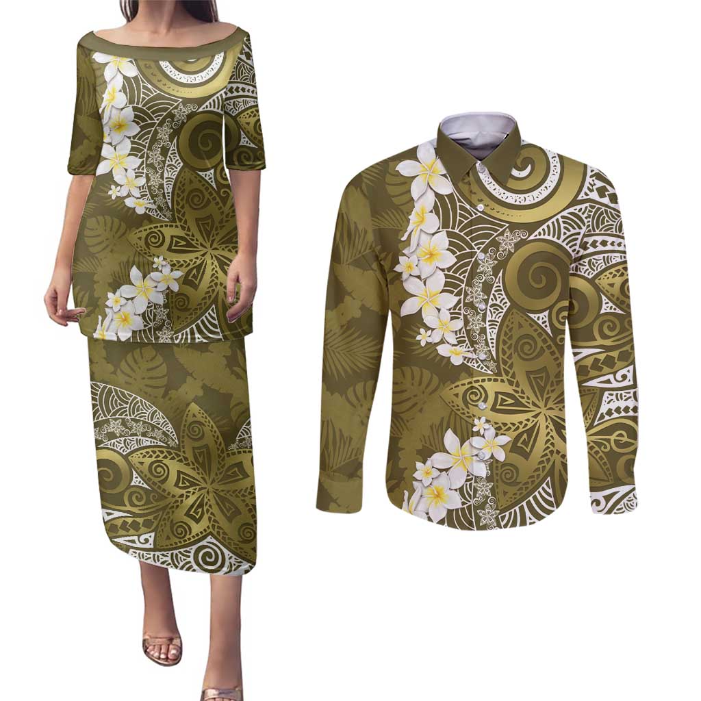 Gold Polynesian Tribal Frangipani Tropical Vibe Couples Matching Puletasi and Long Sleeve Button Shirt