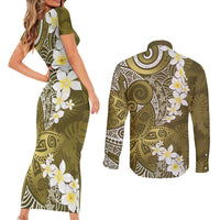 Gold Polynesian Tribal Frangipani Tropical Vibe Couples Matching Short Sleeve Bodycon Dress and Long Sleeve Button Shirt