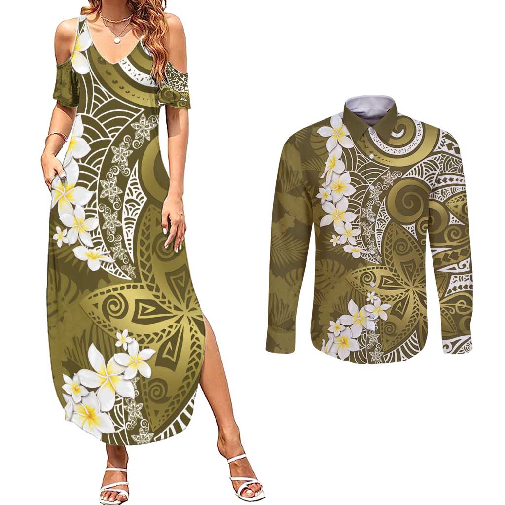 Gold Polynesian Tribal Frangipani Tropical Vibe Couples Matching Summer Maxi Dress and Long Sleeve Button Shirt