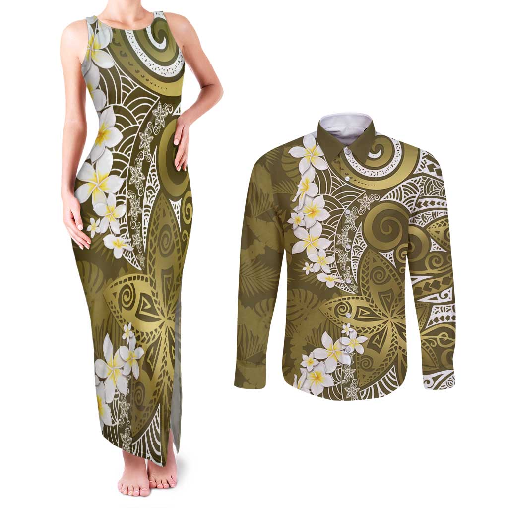 Gold Polynesian Tribal Frangipani Tropical Vibe Couples Matching Tank Maxi Dress and Long Sleeve Button Shirt