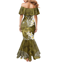 Gold Polynesian Tribal Frangipani Tropical Vibe Family Matching Mermaid Dress and Hawaiian Shirt