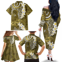 Gold Polynesian Tribal Frangipani Tropical Vibe Family Matching Off The Shoulder Long Sleeve Dress and Hawaiian Shirt