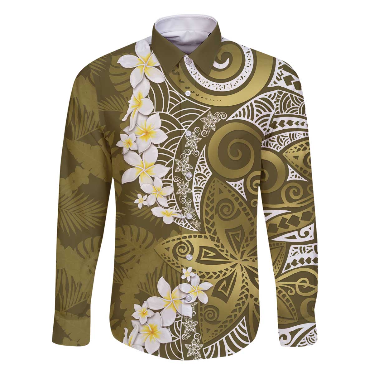Gold Polynesian Tribal Frangipani Tropical Vibe Family Matching Off The Shoulder Long Sleeve Dress and Hawaiian Shirt