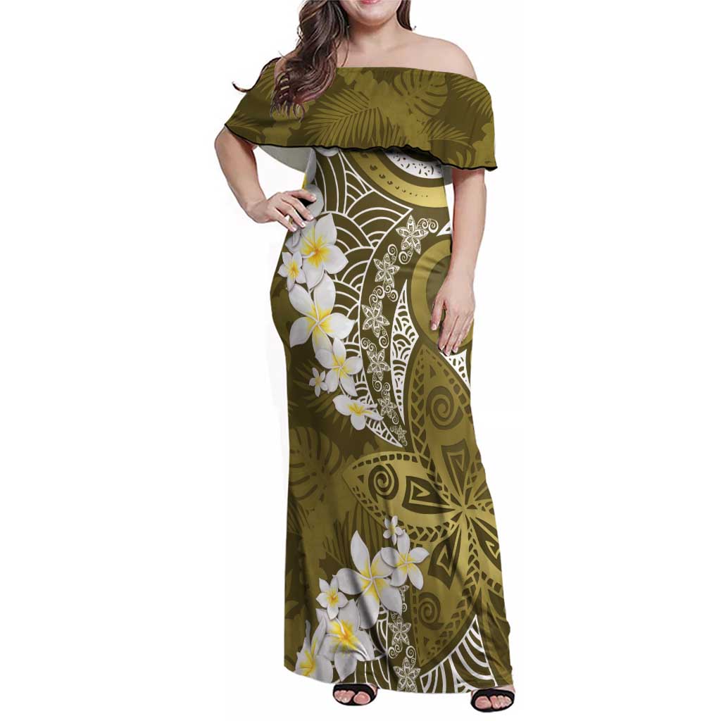 Gold Polynesian Tribal Frangipani Tropical Vibe Family Matching Off Shoulder Maxi Dress and Hawaiian Shirt