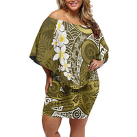 Gold Polynesian Tribal Frangipani Tropical Vibe Family Matching Off Shoulder Short Dress and Hawaiian Shirt