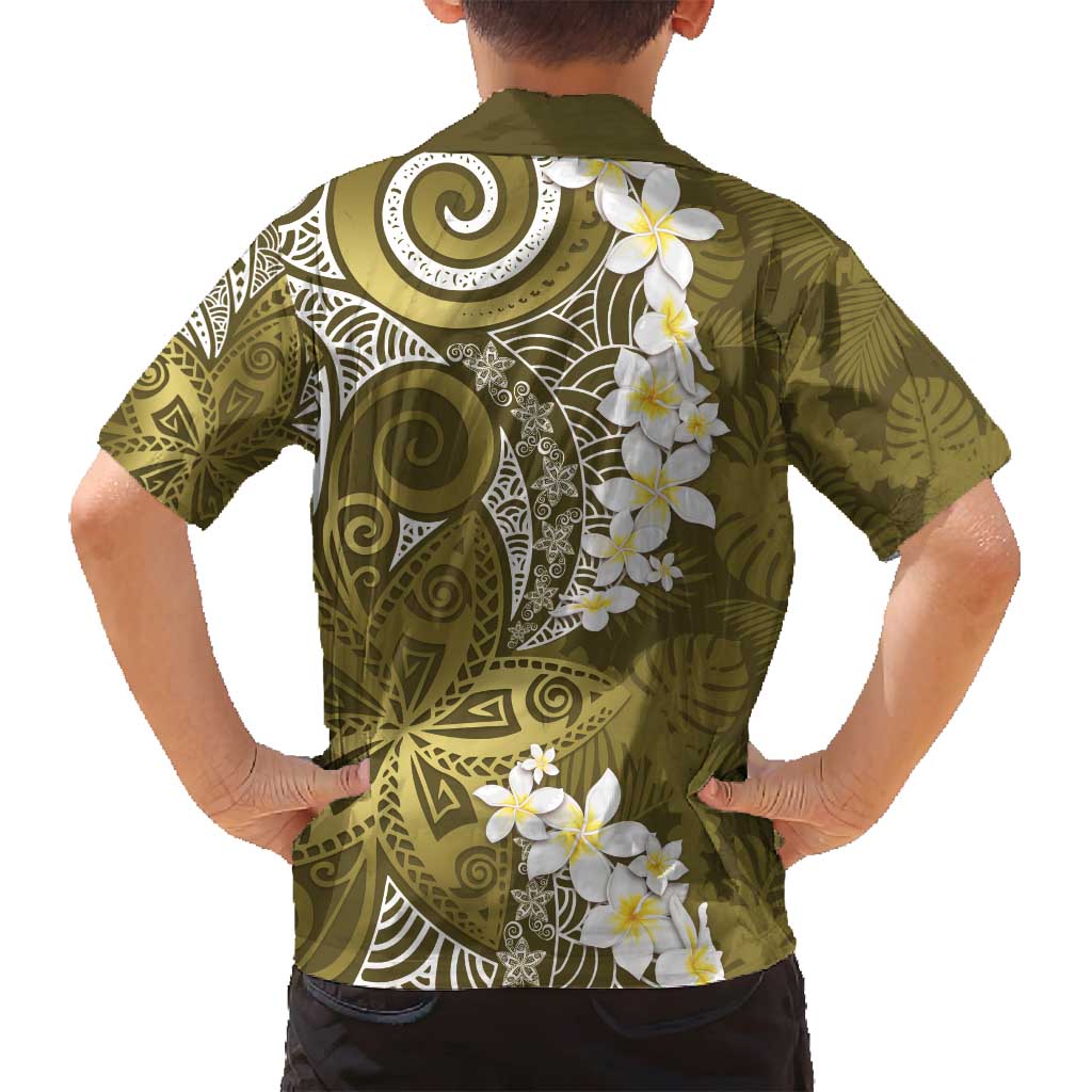 Gold Polynesian Tribal Frangipani Tropical Vibe Family Matching Puletasi and Hawaiian Shirt