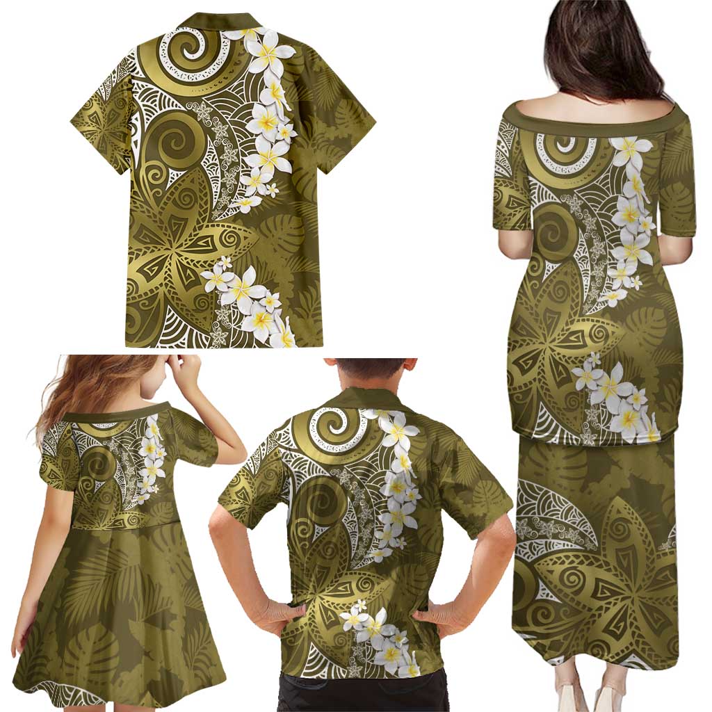 Gold Polynesian Tribal Frangipani Tropical Vibe Family Matching Puletasi and Hawaiian Shirt