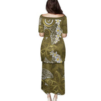 Gold Polynesian Tribal Frangipani Tropical Vibe Family Matching Puletasi and Hawaiian Shirt