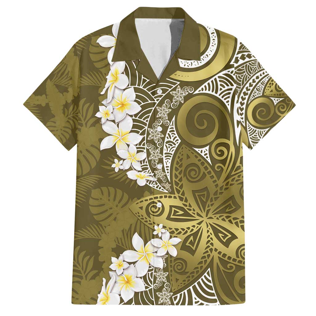 Gold Polynesian Tribal Frangipani Tropical Vibe Family Matching Tank Maxi Dress and Hawaiian Shirt
